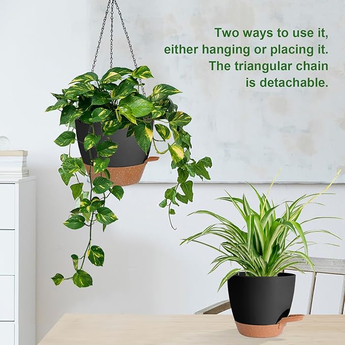10/9/8 Inch Hanging Planter for Indoor Outdoor Plants, 3 Pack Self-Watering Hanging Pot with Drainage Holes Hanging Planter Baskets Plant Pots with Removable Tray (Black+Brown) Lucieblessdesign