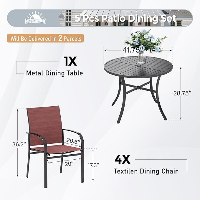 5 Piece Patio Dining Set for 4, 42" x 42" Round Metal Table with Umbrella Hole and 4 Red Chairs, Outdoor Table and Chairs Set for Lawn Backyard and Deck SUNSHINEVALLEY