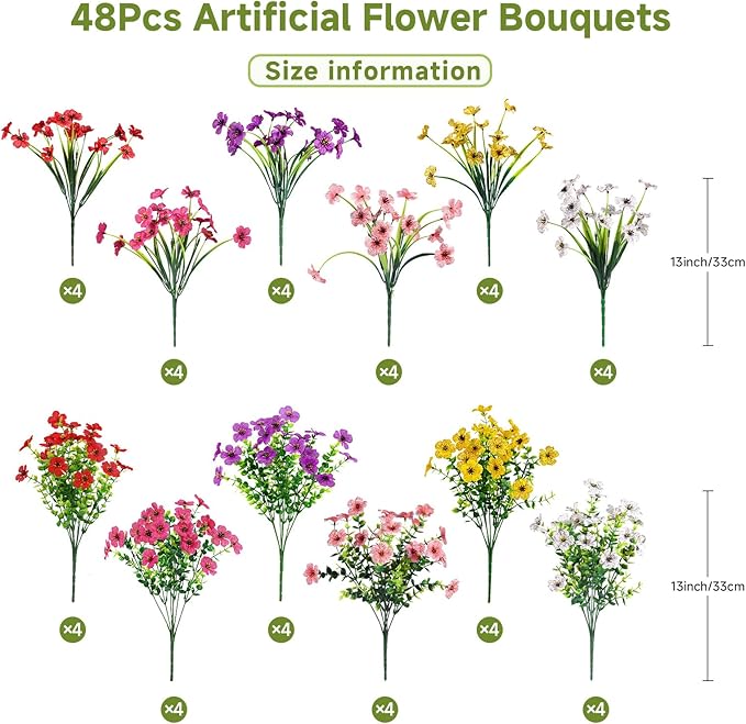 Alupssuc 48 Bundles Artificial Flowers for Outdoors Decoration, UV Resistant Silk Faux Daisy Flora Spring Fake Plastic Plants Greenery for Outside Indoor Yard Home Porch Window Box Decor, Mix 6 Colors Alupssuc