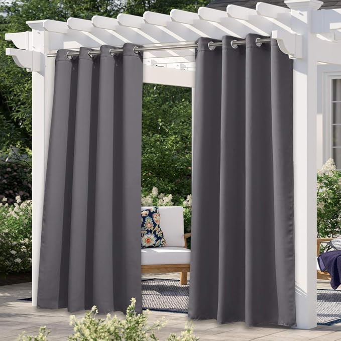 NICETOWN 108" L Outdoor Curtain for Patio Waterproof, Thermal Insulated Stainless Steel Grommet Blackout Outdoor/Indoor Curtain Privacy Protect for Landscape, 1 Panel, 52" Wide, Grey NICETOWN