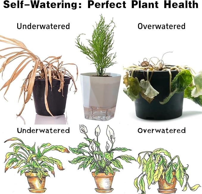 4 Packs Self Watering Plant Pots, Plastic Flower Pots with Drainage Hole and Saucer, Self Watering Planters for Indoor Outdoor Garden Plants, African Violet, Herbs (White, 5") Rootora