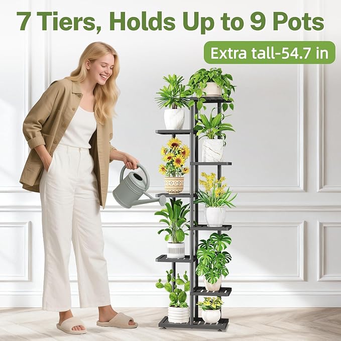 iDavosic.ly Plant Stand Indoor Outdoor, 7-Tier Tall Metal Flower Shelf for Heavy-Duty Large Planters, Corner Orchid Display Rack for Living Room Balcony Patio Porch, Space Saving, Modern Black iDavosicly