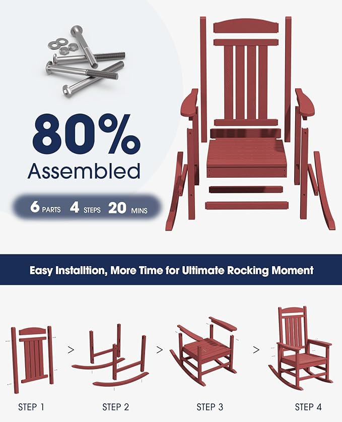 KINGYES Outdoor Rocking Chair Set of 2, High Density Polyethylene Patio Rocking Chairs with 330lbs Support for Adults, Dark Red KINGYES