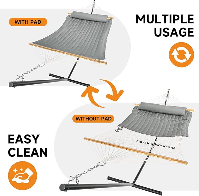 2 Person Outdoor Hammock with Stand, Cotton Rope Hammock with Polyester Pad, Adjustable Steel Frame, Portable with Carrying Bag – for Patio, Backyard, Garden, Beach,Dark-Gray Rootora