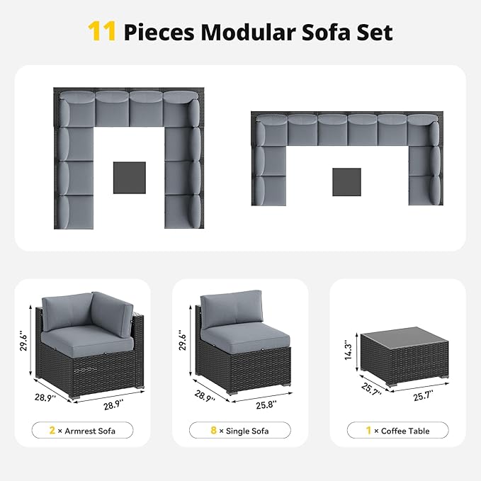 Aoxun Patio Furniture Set, 11 Piece Outdoor Sectional Sofas with Waterproof Cover, 10 Seats Wicker Rattan Outdoor Furniture Patio Conversation Set for Backyard, Garden Light Grey Aoxun