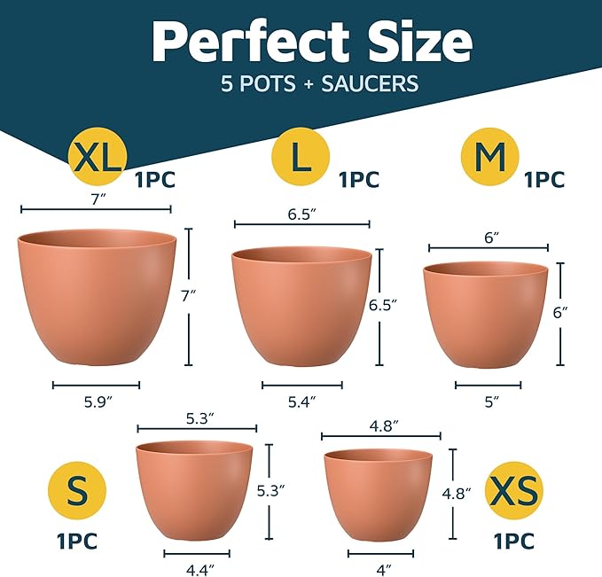 Terracotta Plant Pots with Drainage Holes & Saucers 5 Pack, Indoor & Outdoor Stackable Space-Saving Planters for Houseplants & Flowers, (7", 6.7", 6", 5.3", and 4.8" Inches), Durable & Weatherproof LIFEMASTER