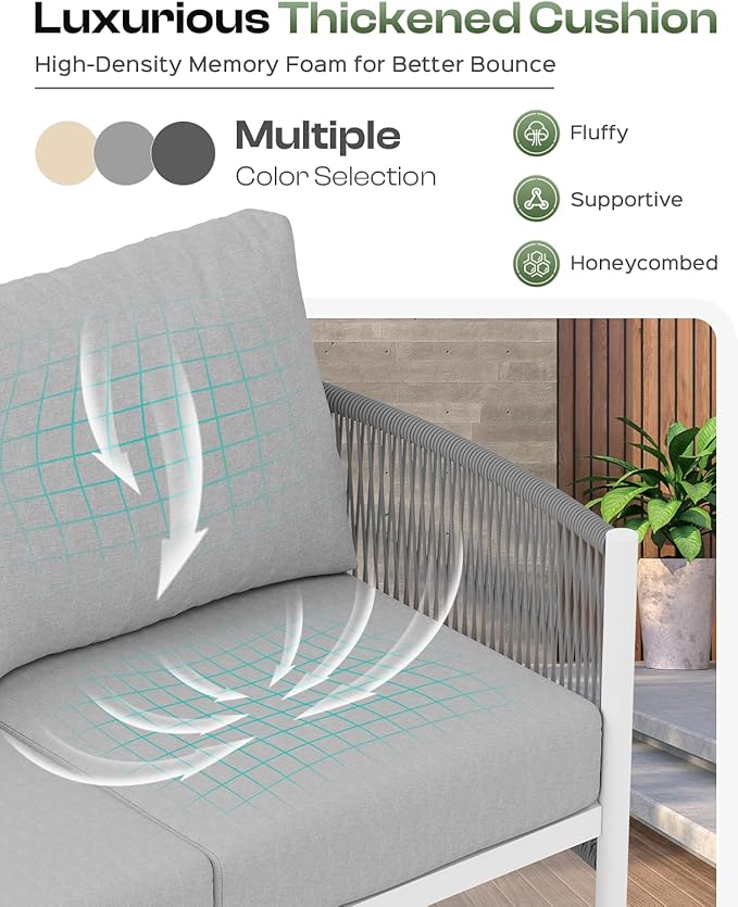 Aluminum Outdoor Patio Furniture Set with Dual-Layer Coffee Table, 4 Piece Modern Patio Conversation Sets with PE Rope, Outdoor Sectional Sofa with Thick Cushions for Balcony, Deck, White Oasbira