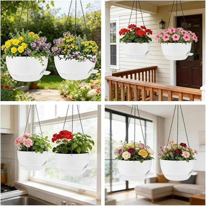 2 Pack 12 Inch Self Watering Hanging Planters for Indoor Plants, Large White Plastic Hanging Pots with Chains for Outdoor Patio Garden Home Decor White zople