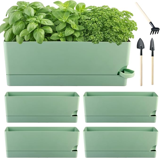 4 Pack Self Watering Pots for Indoor Plants 17 Inches Window Boxes Planters Rectangular Flower Pots Rectangle Herb Pots Large Plant Pots with Drainage Holes and Saucers Windowsill Planter, Green KvyusFlourish