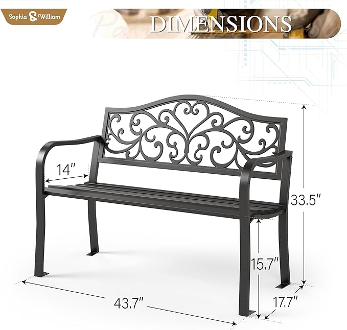Sophia & William Outdoor Bench, Metal Garden Bench, Cast Iron Park Benches for Outside with Floral Design Backrest, Black SophiaWilliam