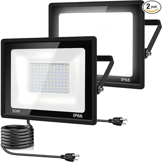 2Pack LED Flood Light Outdoor,50W LED Work Light 5500lm with 6FT US Plug,IP66 Waterproof Exterior Security Lights,6000K Daylight White Outside Floodlights Slim Design for Playground Yard garageangle