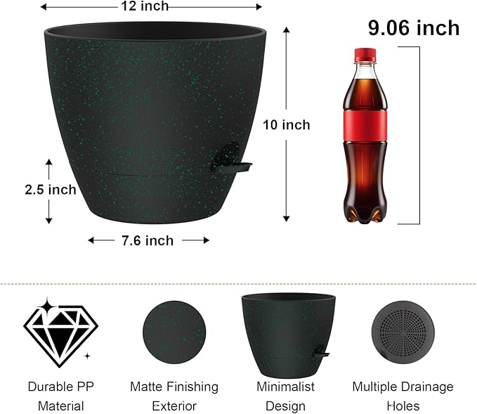 12 Inch Large Self Watering Pots, Flower Pots with Multi-Mesh Drainage Holes and Saucer, Planters for Indoor and Outdoor Garden Plants (Black with Green Speckles) Rootora