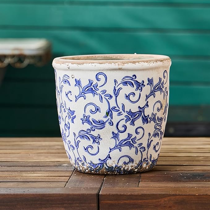 Vintage Ceramic Planter Without Drainage Hole, 6.5 Inch - Indoor/Outdoor Flower Pot for Orchids, Succulents, Blue Floral Rustic Farmhouse Plant Pot for Home, Office & Garden Décor, Ideal Gift TEWEIQI