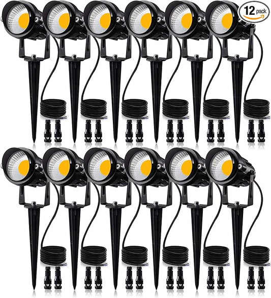 SUNVIE 12W Low Voltage LED Landscape Lights with Connectors, Outdoor 12V Super Warm White (900LM) Waterproof Garden Pathway Lights Wall Tree Flag Spotlights with Spike Stand (12 Pack with Connector) SUNVIE
