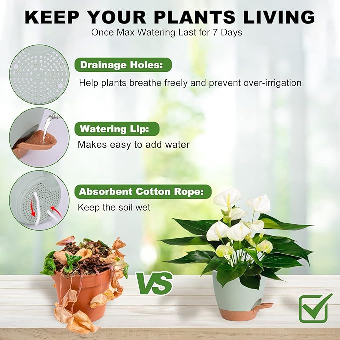 Plant Pots Indoor 7/6.5/6/5.5/5 Inch Self Watering Planters for Indoor Plants with Drainage Hole, Plastic Flower Pots for Succulents, African Violet (Green) Vanslogreen