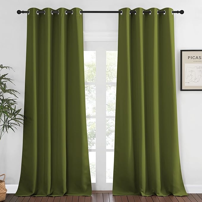 NICETOWN Blackout Window Curtain 90 inch Length - Room Darkening Thermal Insulated Grommet Large Window Treatment Light Blocking for Bedroom/Doorway (Olive Green, 1 Panel, W52 x L90) NICETOWN