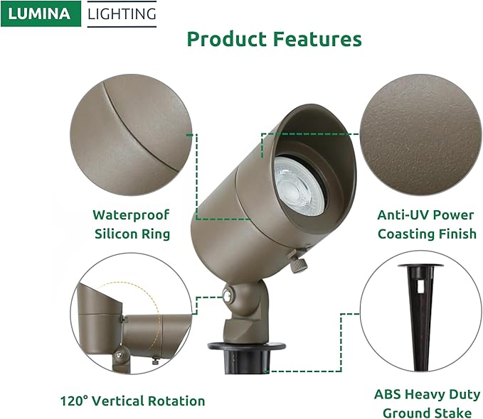Lumina Lighting® 4W Landscape Lighting 12V Landscape Lights Low Voltage Landscape Spotlights Warm White Waterproof Outdoor Replaceable LED Bulb for Garden, Lawn, Porch, Patio and Yard(Bronze, 2-Pack) LuminaLighting%C2%AE