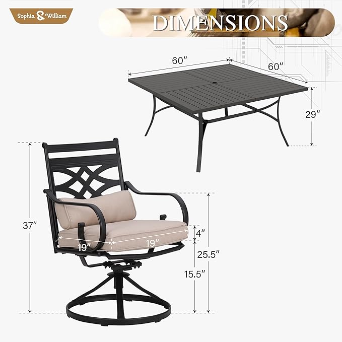 Sophia & William Patio Table and Chairs Set 9 Piece, 8 Swivel Chairs with Removable Cushion and 60" Large Square Outdoor Dining Table, Perfect for Garden, Lawn, Yard SophiaWilliam