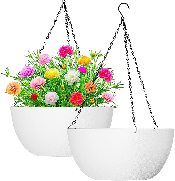 WOUSIWER 13 inch 2Pack Large Hanging Planters for Outdoor Indoor Plants with Drainage Holes and Chain, Round Hanging Flower Pots for Garden Home Porch Decor, White WOUSIWER