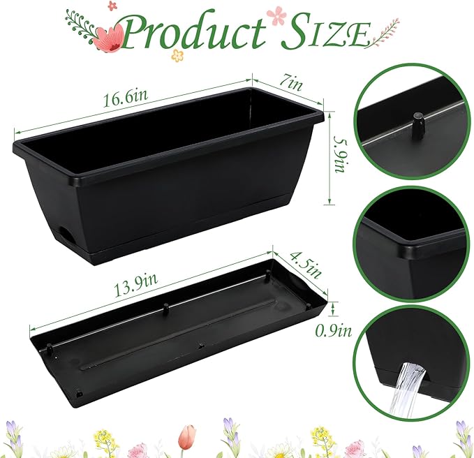 12Pcs 17Inches Rectangle Planter Box with Drainage Holes and Trays Plastic Planters Flower Boxes Pots for Indoor Outdoor Plants Patio Garden Home Decor Porch Yard (Black) Lysjtsr
