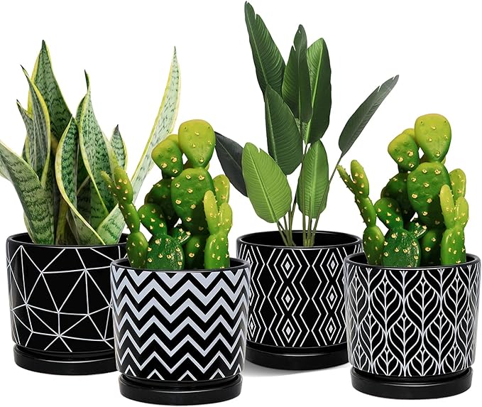 Ton Sin Flower Pots,5.5 Inch Black Ceramic Planter with Drainage Hole,Indoor Cylinder Plant Pots with Saucer,Cactus Succulent Outdoor Garden Pots Set of 4 TonSin