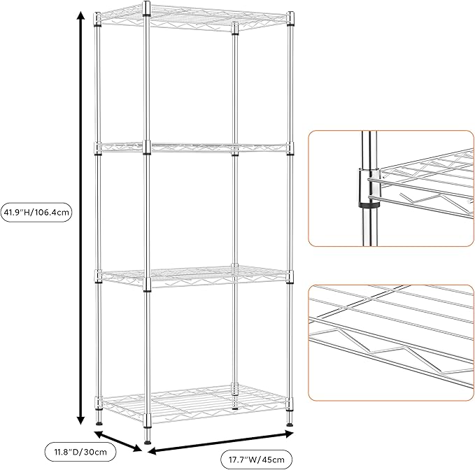 4 Tiers Shelf Metal Storage Shelves Wire Rack Closet Organizers with Wheel for Garage Kitchen Bathroom Laundry Chrome 11.8" D x 17.7" W x 41.9" H MEIGAOPLASTICANDMETALHKCOLIMITED