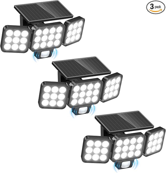 WdtPro Solar Lights Outdoor Flood Light 3 Pack, 3500LM Bright Motion Sensor Outdoor Lights, 3 Heads & Upgrade Glass Panel, LED Solar Powered Security Light Spotlights Waterproof for Outside Yard WdtPro
