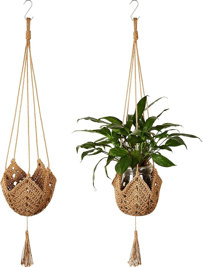Shappy 2 Pack Jute Crochet Long Plant Hanger for 3 Inch to 12 Inch Pots, Macrame Plant Holder Rope with S Shaped Hooks for Halloween Home Decor (Brown) Shappy