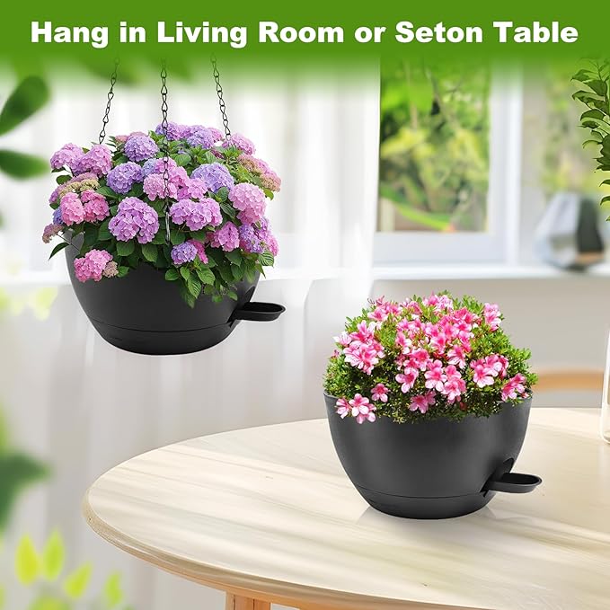 10 inch Hanging Planters for Indoor Plants, 3 Pack Self-Watering Hanging Planter Pots with Chain and Drainage Holes, Outdoor Plastic Hanging Baskets for Garden Home Decor (Black, 3pcs/10inch) Rootora