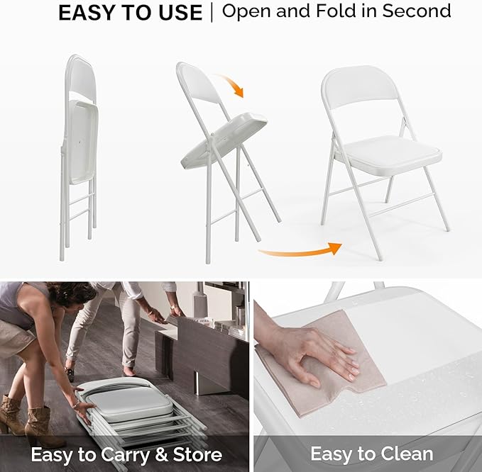 VINGLI 6 Pack Folding Chairs with Padded Seats, Metal Frame with Pu Leather Seat & Back, Capacity 350 lbs, White VINGLI