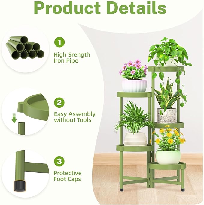 iDavosic.ly 5 Tier Folding Plant Stand Indoor Outdoor with Plastic Tray, Tiered Corner Flower Holder Shelf, Metal Orchid Display Rack for Patio Porch Living Room Garden Balcony, Green iDavosicly