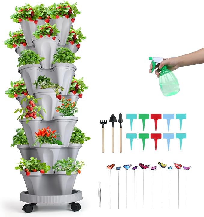 GameXcel Vertical Planter, 7 Tier Stackable Strawberry Planter with Garden Tool Set, Movable Indoor/Outdoor Garden Herb Pot for Growing Vegetables and Succulents, Gray GameXcel