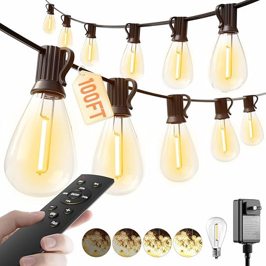 luckystyle 100FT LED Outdoor String Lights with Remote, 35+ 1 Shatterproof Bulbs Waterproof and Dimmable Patio Lights for Porch, Garden, Backyard, Deck, Balcony, 2700K Hanging Lighting luckystyle
