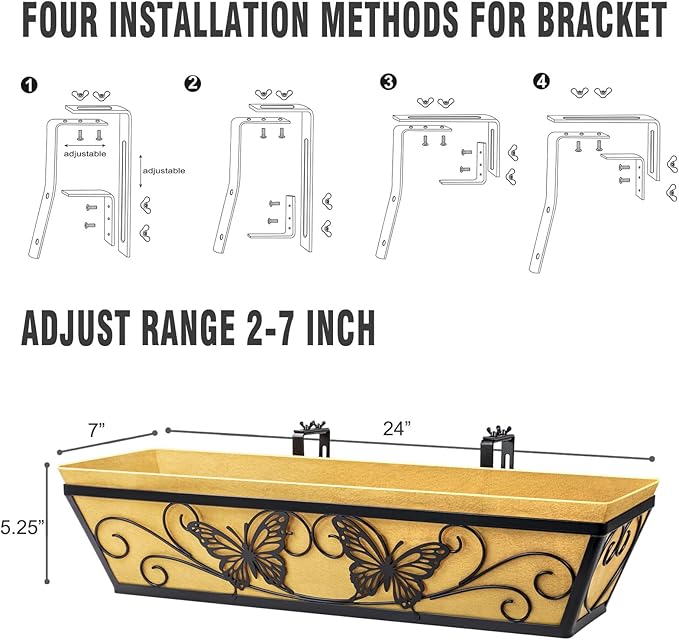 4 Pack 24 Inch Window Boxes Planter Railing Planters Box with Adjustable Brackets for Porch Deck Balcony Hanging Butterfly Decorative Flower Baskets & Non-Woven Fabric Liner for Outdoor Plants - Black KarlliuHOMEGARDEN