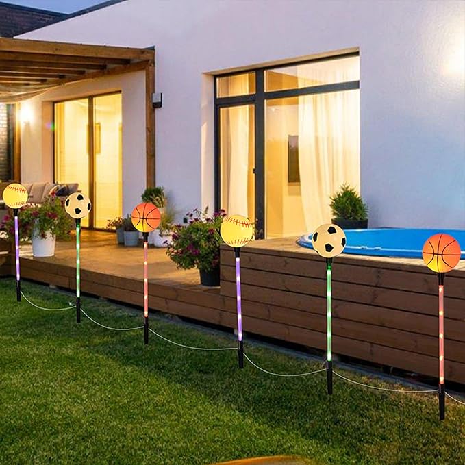 Battery Powered Garden Sports Ball Theme Party Stake Lights Soccer Basketball Football Baseball Mixed LED Landscape Path Lights Indoor/Outdoor Christmas Festival Home Patio Decoration Lamps AUGPET