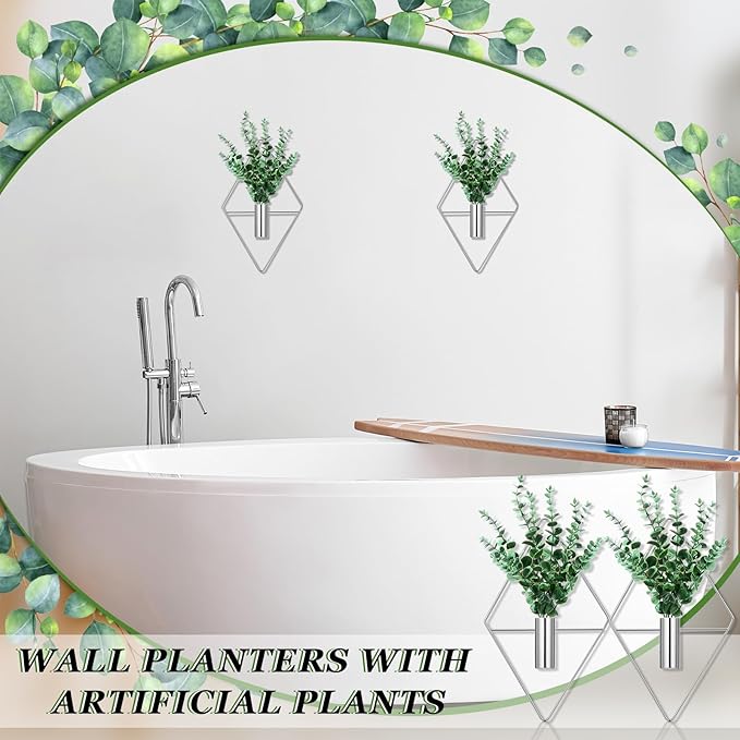 2 Pieces Wall Decor Hanging Planters with Artificial Plants Metal Hanging Vase Indoor Plants Holder Modern Boho Wall Art for Bathroom Bedroom Living Room Decor(Silver, Eucalyptus) Canlierr