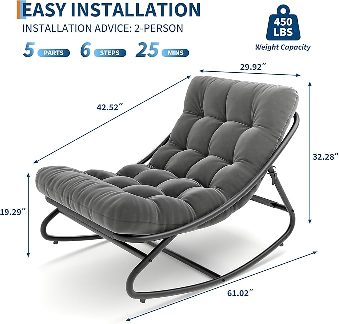 IDEALHOUSE Outdoor Rocking Chair with Metal Frame, Adjustable Papasan Rocker, Waterproof Comfy Cushion, 450lbs Capacity, for Patio, Porch, Garden, Living Room, Dark Grey IDEALHOUSE