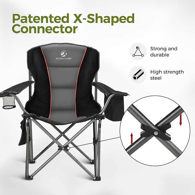ALPHA CAMP Heavy Duty Camping Chair 500LBS Capacity, Oversized Folding Chair for Heavy People, Padded Portable Outdoor Chair with Cooler Bag & Cup Holder for Camping, Fishing, Beach ALPHACAMP