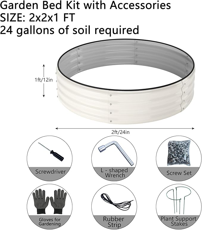 Galvanized Metal Planter Round Raised Garden Bed Kit for Gardening Outdoor，2x2x1ft Grow Garden Box Raised Flower Bed，Round Galvanized Planter Outdoor Metal Fire Pit Ring White ZFHgarden