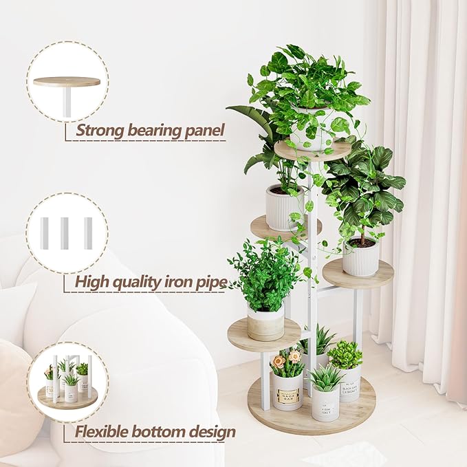 Plant Stand Indoor 5 Tier 8 Potted Multiple Flower Pot Holder for Patio Garden Balcony Living Room Corner (5 Tier White+Sonoma Oak) INGIORDAR