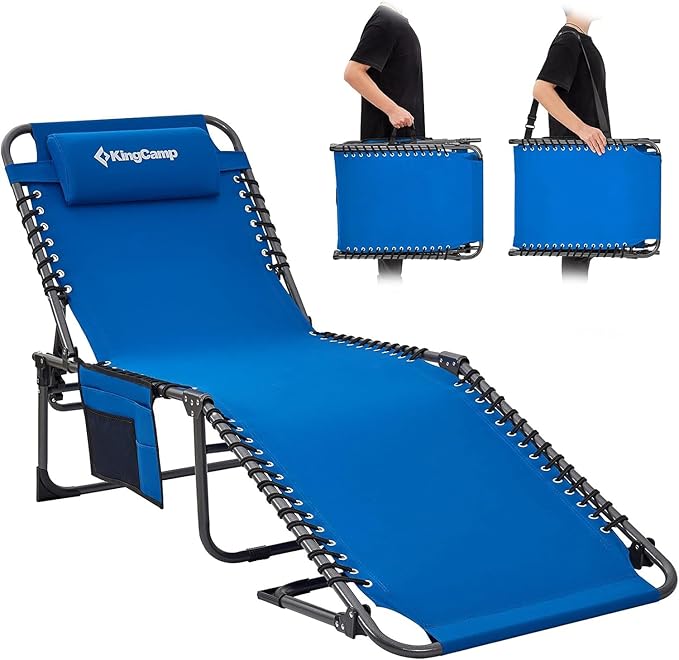 KingCamp Lounge Chair Outdoor, Folding Tanning Chairs Comfy Adjustable 5-Position Lay Flat Foldable Chaise Chaser Lounger with Pillow for Outside Beach Patio Sun Bathing Pool Backyard, Blue KingCamp