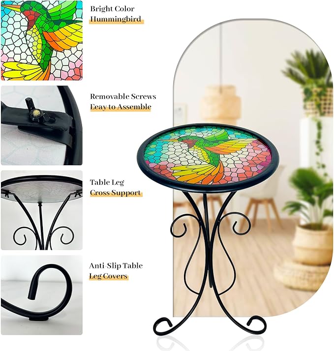 LIFFY Outdoor Side Table, 12" Glass Hummingbird Tabletop Patio Tables with Metal Frame, 21" Height Indoor Small Round Home Decorative Plant Stand Outside for Garden Patio Yard Porch LiffyArt