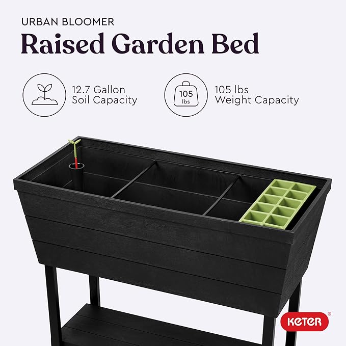Keter Urban Bloomer 12.7‑Gallon Raised Garden Bed – Elevated Outdoor Planter Box with Self‑Watering Reservoir, Water Gauge & Drainage System, Perfect for Herbs & Vegetables, Dark Grey Keter