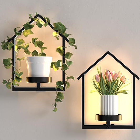 Wall Planters for Indoor Plants with Lights, 2 Pack House Shape Plant Shelves, Anti-Rust Hanging Wall Plant Holder with Warm Light for Home Decor Indoor Outdoor, Entryway Housewarming/Wedding DTUQYX