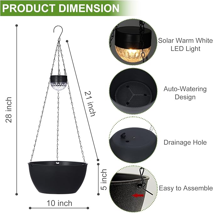 BAYN 2 Packs Solar Hanging Basket Planters for Plants Outdoor, Self Watering Black Flower Plants Pots with Solar Light Drainer for Balcony Patio Garden Outdoor Decoration BAYN