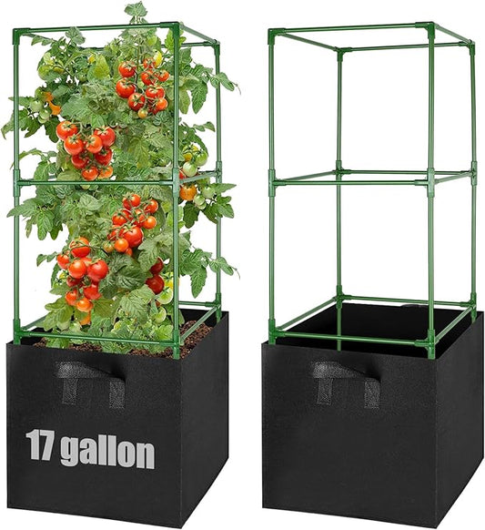 ANPHSIN 3 Sets Tomato Cages with 17 Gallon Grow Bags - 46'' Heavy-Duty Plant Support Trellis Tomato Planter Pots Kit, Garden Vegetables Cucumber Flowers Vertical Climbing Plants Vines ANPHSIN