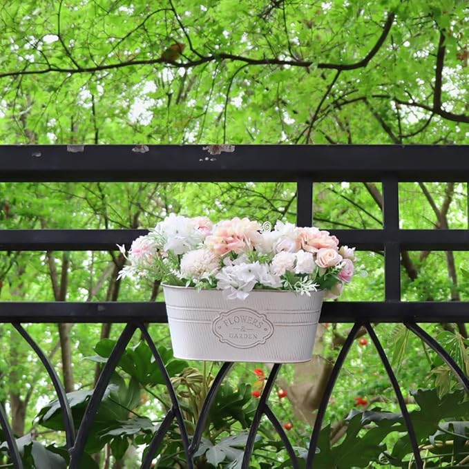 3 Pack Metal Railing Planters, 10.5" Oval Hanging Flower Pots with Detachable Hooks & Drainage Holes, Fits Rails up to 2.36", Galvanized Iron Fence Bucket for Balcony Garden Patio - Letter White MeltsetM