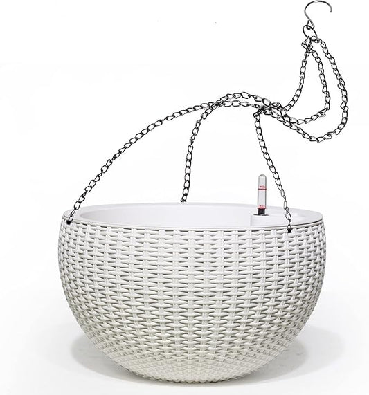 Dexceder 9 Inch Self Watering Hanging Planters Indoor Outdoor, Thickened Hanging Basket Flower Plant Pot with Water Level Indicator (White) Dexceder