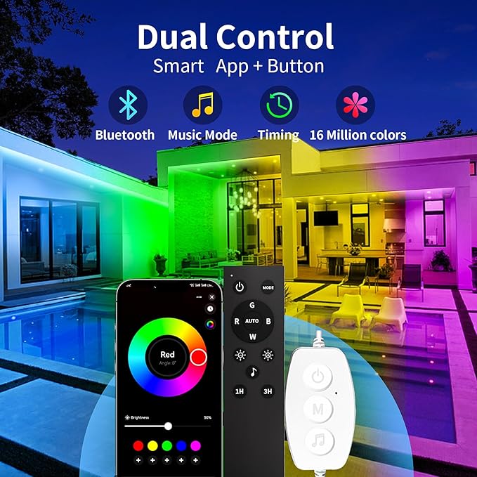 KSIPZE 100ft(2x50ft) Outdoor led Strip Lights Waterproof IP68, RGB Outdoor led Lights with Button & Bluetooth App Control, Music Sync, Timer, Exterior Led Rope Lights for Decor Balcony, Roof KSIPZE