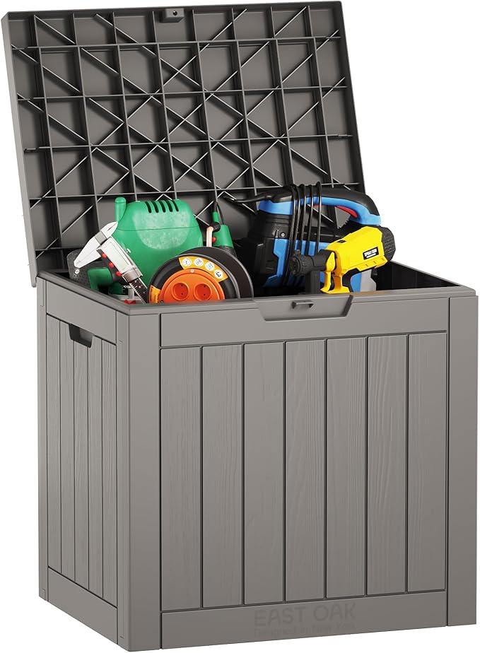 EAST OAK Outdoor Storage Box, 31 Gallon Deck Box Indoor and Outdoor Use, Waterproof Resin Storage Bin for Package Delivery, Patio Cushions, Gardening Tools, Lockable, UV Resistant, Grey EASTOAK